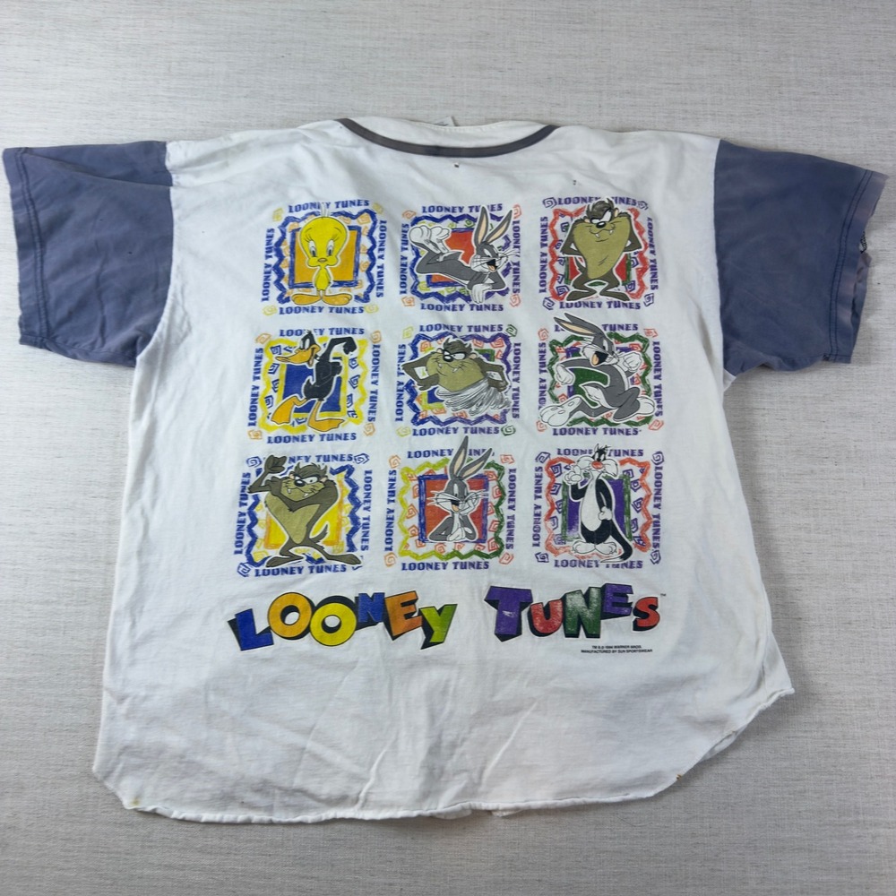 Vintage 1994 Looney Tunes Bugs Bunny Baseball Jersey White Grey Sun Sportswear
